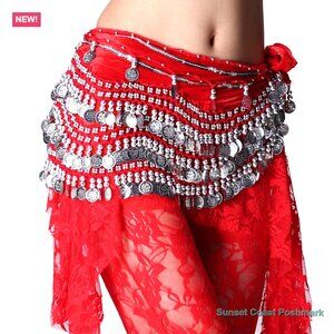 Belly Dance Lace Hip Scarf in Red with Silver Coins